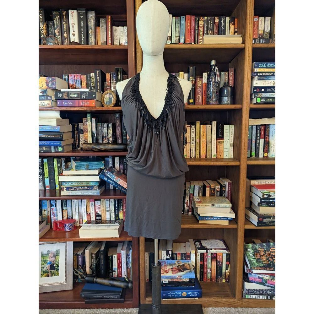 SOUL revival dark grey knit mini dress black beaded fringe neckline sz l nwot